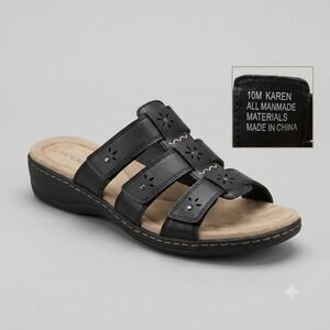 Solanz Womens Black Triple Strap Laser Cut Floral Slide Sandals Size 10M Karen